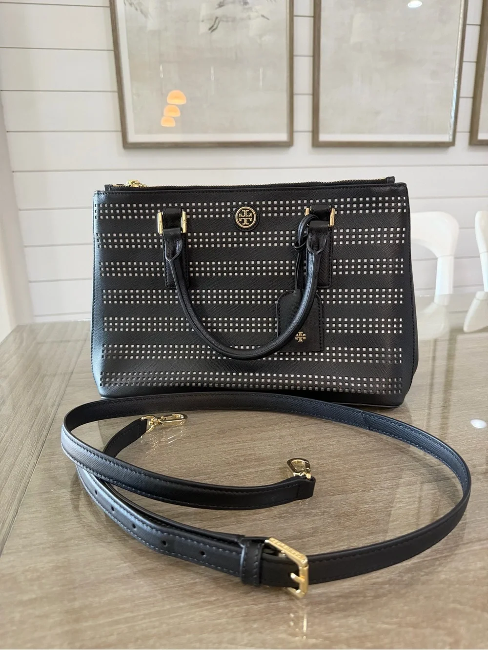Tory Burch Robinson Black Perforated Crossbody Tote - Excellent Condition